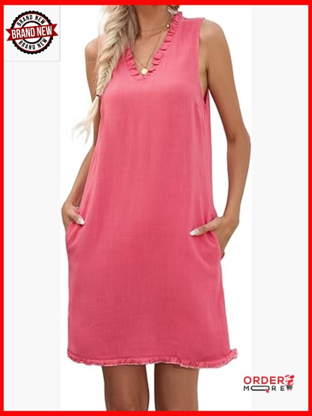 Sleeveless Ruffled Deep V Neck Shift Dress with Pockets